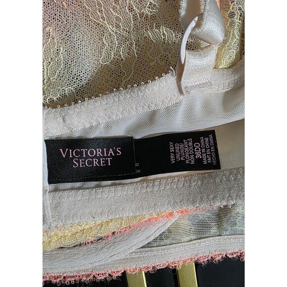Victorias Secret Very Sexy Unlined Plunge Chantilly Lace Bra Coral Yellow 36DD - Picture 3 of 4